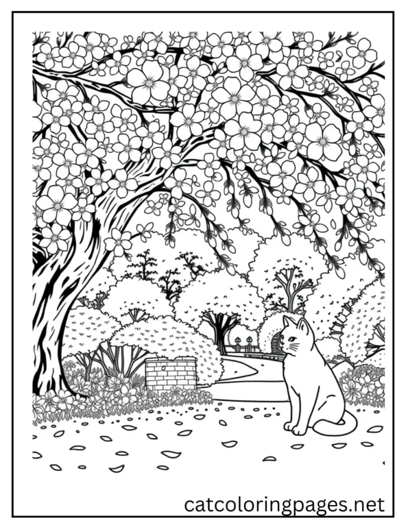 sad_cat_sitting_under_trees_adult_cat_coloring_pages