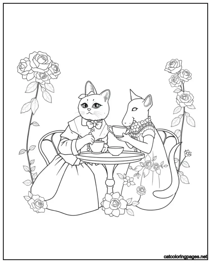 cat-and-dog-coloring-page-wearing-beautiful-dress