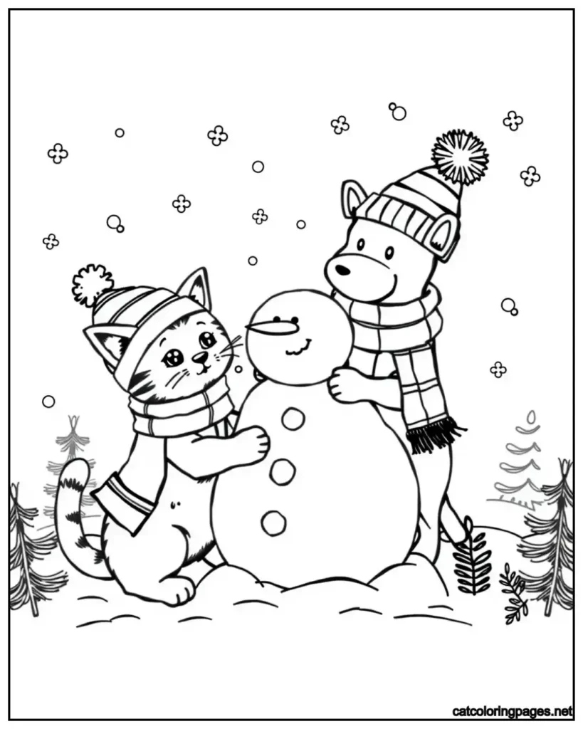cat-and-dog-coloring-pages-cat-and-dog-standing-with-snowman