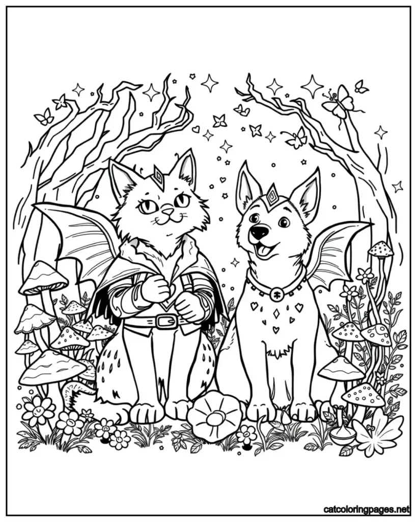 cat-and-dog-coloring-pages-standing-cat-and-dog-with-mushrooms