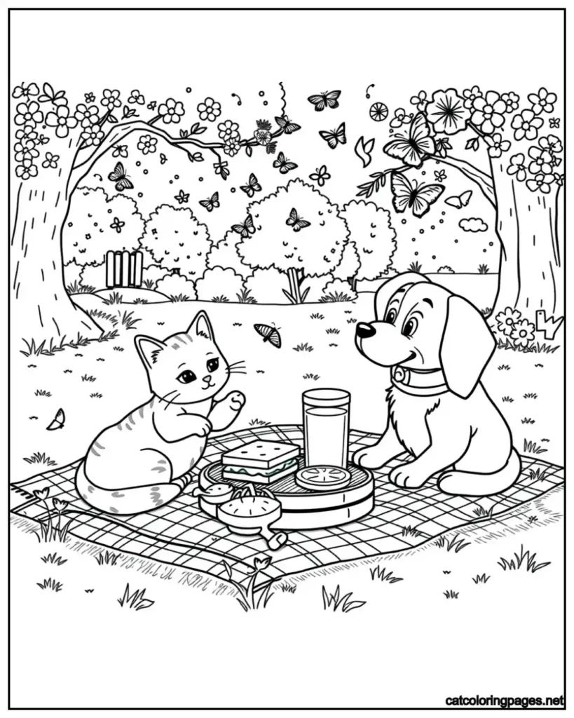 cat-and-dog-enjoying-picnic-coloring-pages