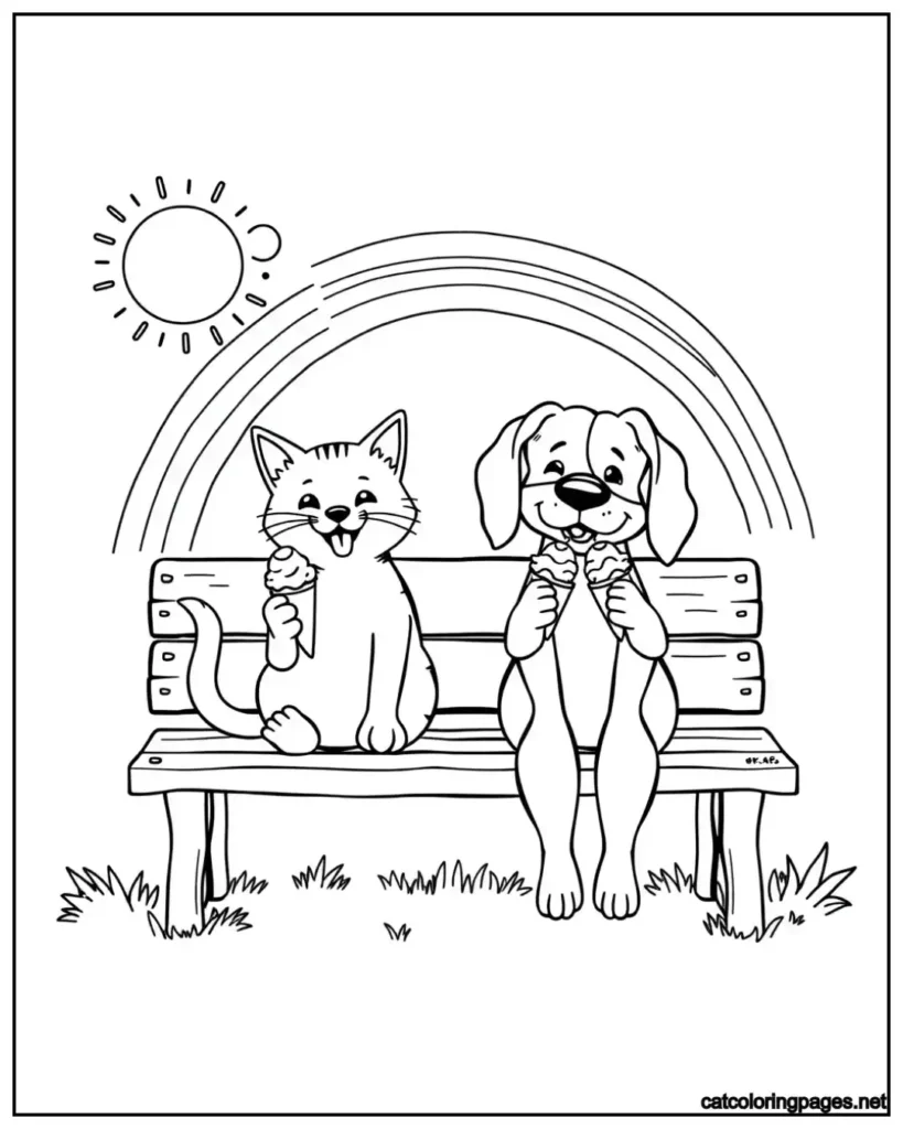 cute-cat-and-dog-sitting-on-bench-coloring-page