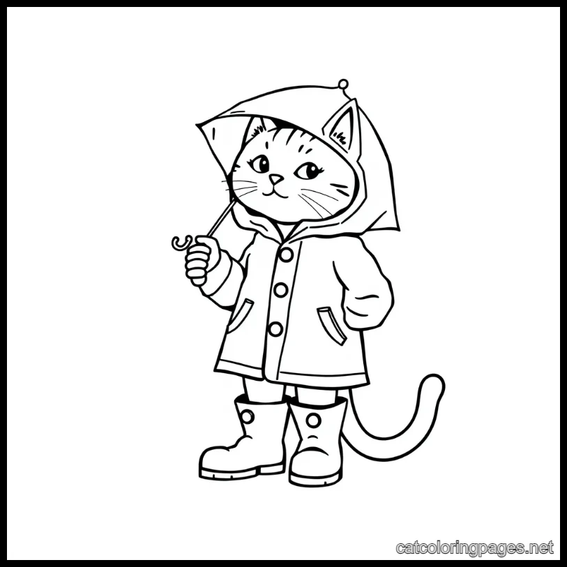 cute cat coloring page cat wearing raincoat holding umbrella