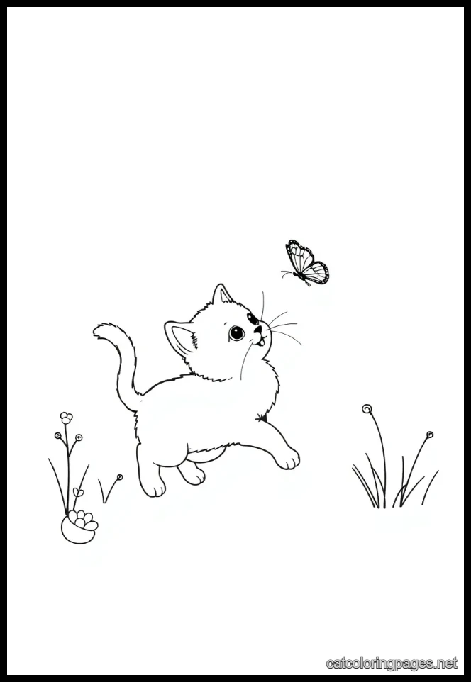cute cat coloring page chasing butterfly
