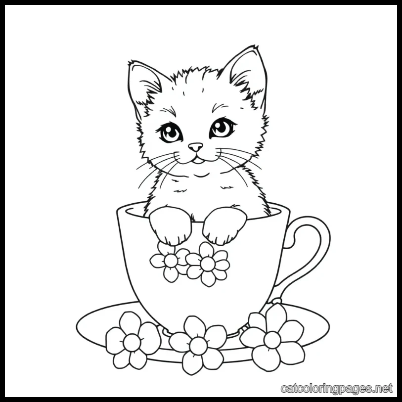 cute cat in tea cup coloring page