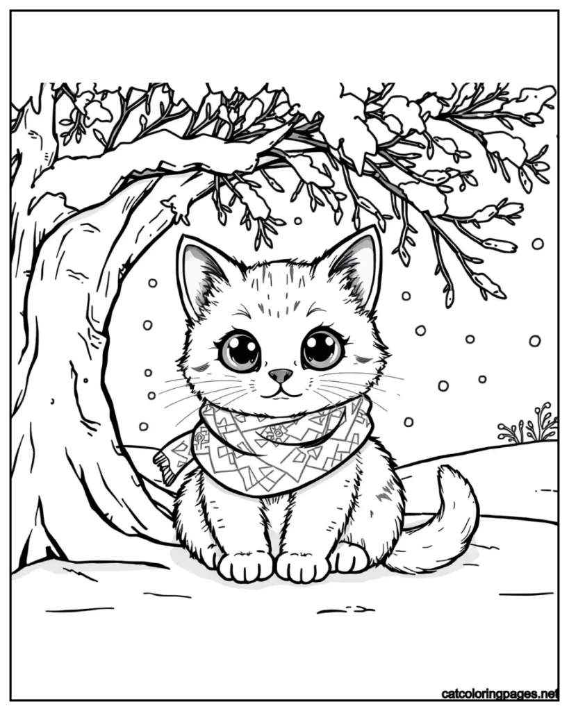 cute-kawaii-cat-coloring-page-cat-sitting-under-snow-tree-with-scraf