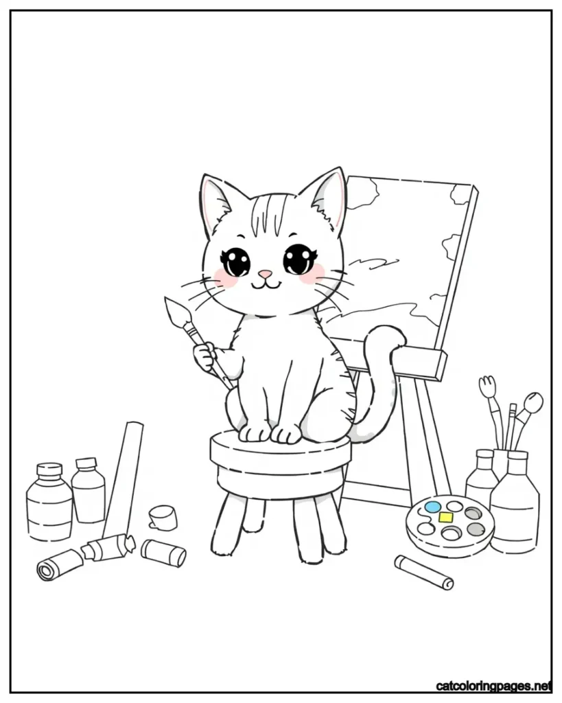 cute-kawaii-painter-cat-coloring-page