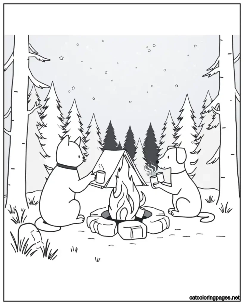 enjoying-bone-fire-cat-and-dog-coloring-page