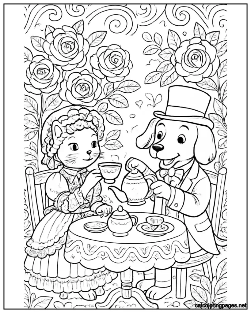 fancy-cat-and-dog-coloring-page-in-victorian-tea-garden