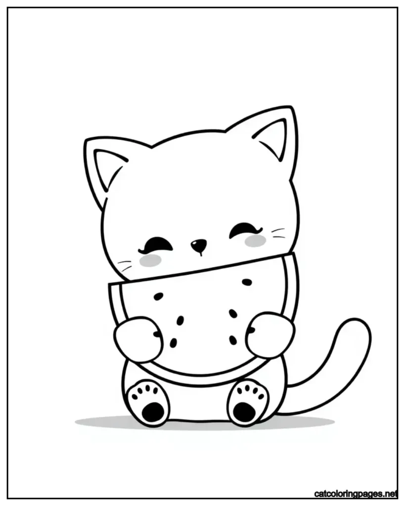 kawaii-cat-coloring-page-cat-eating-watermelon