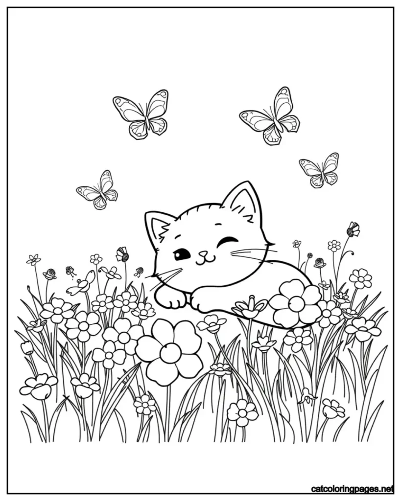 kawaii-cat-coloring-page-cat-enjoying-in-garden