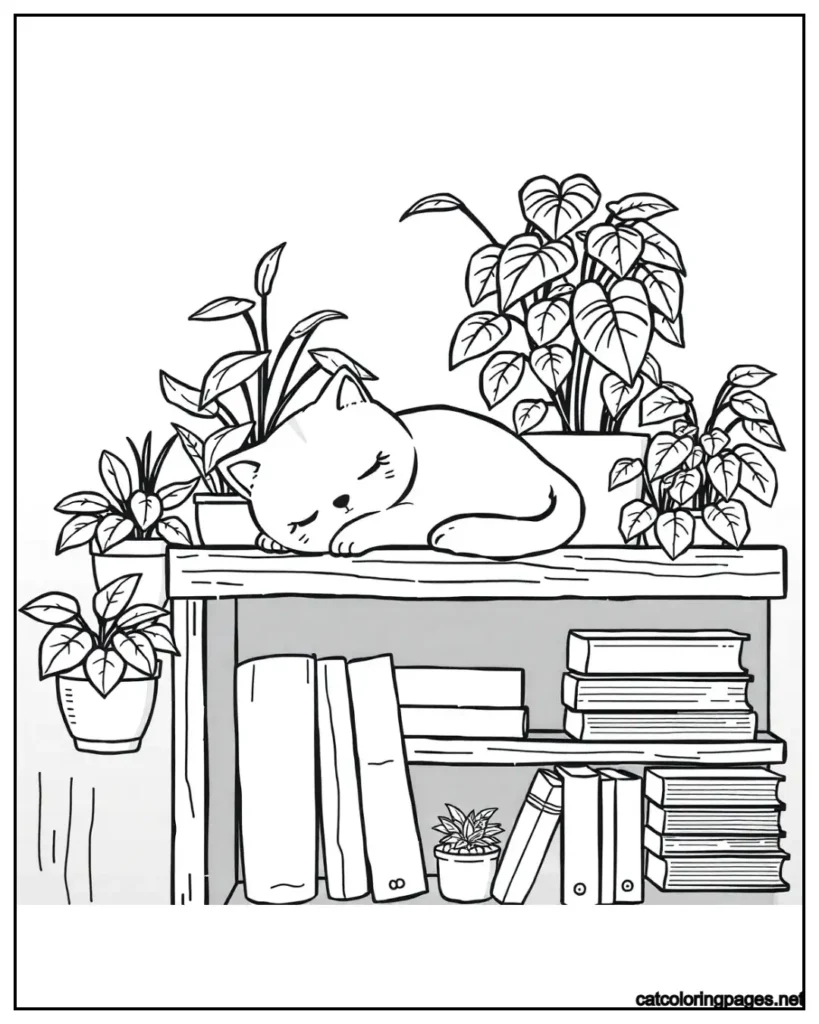 kawaii-cat-coloring-page-cat-sleeping-on-book-shelf