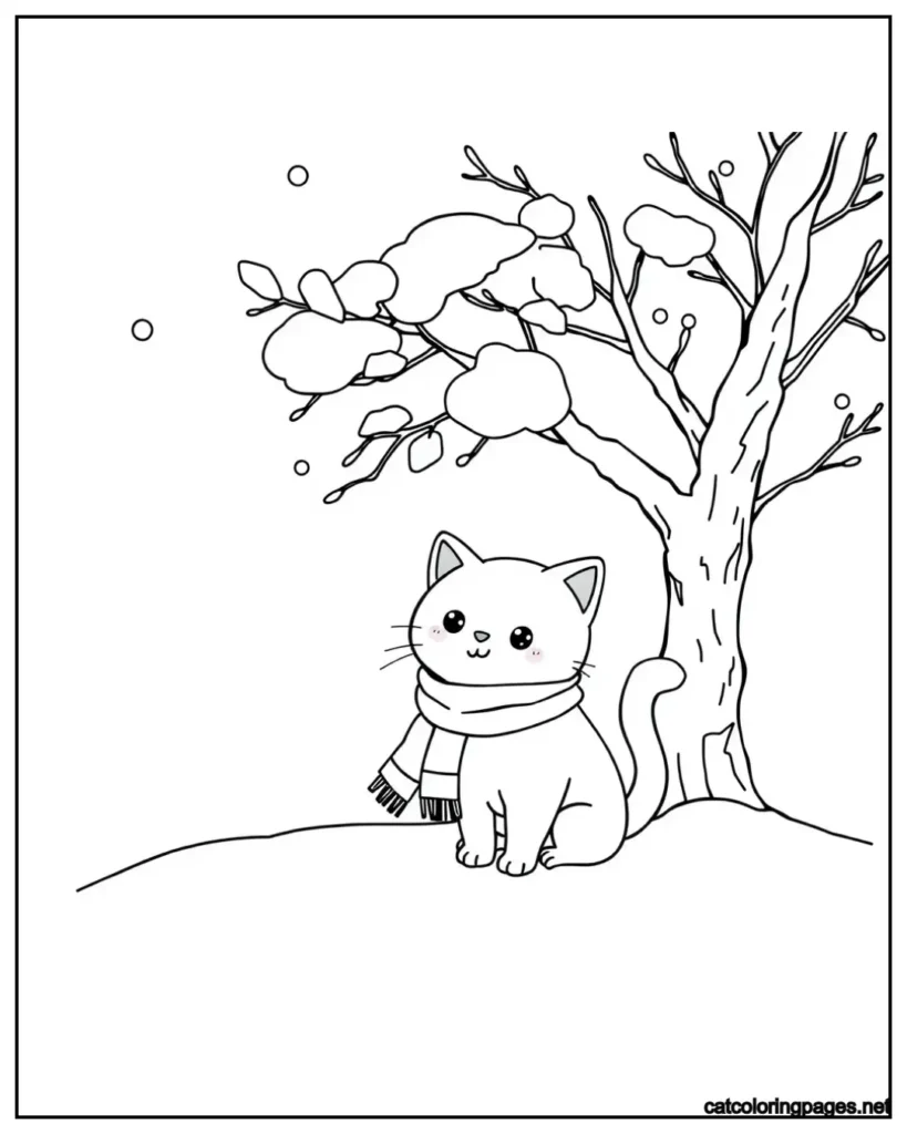 kawaii-cat-coloring-pages-cat-under-tree-minmalist