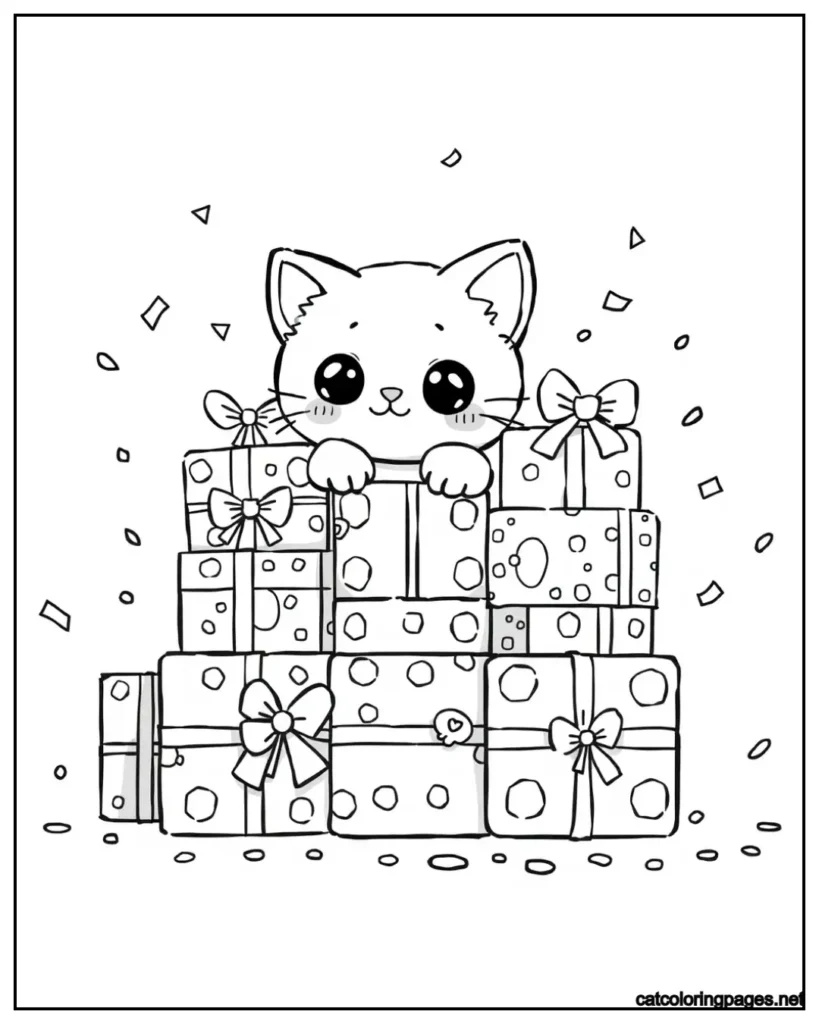 kawaii-cat-hiding-beneath-gift-boxes-coloring-page