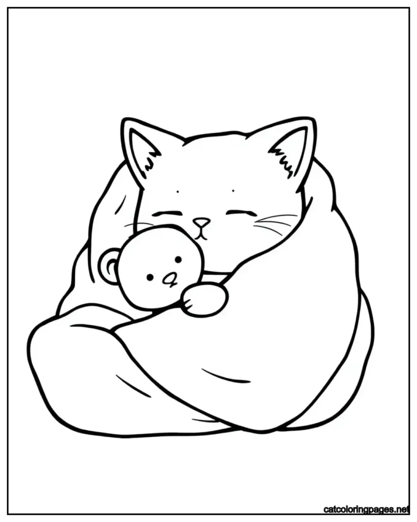 kawaii-cat-holding-teddy-bear-in-blanket