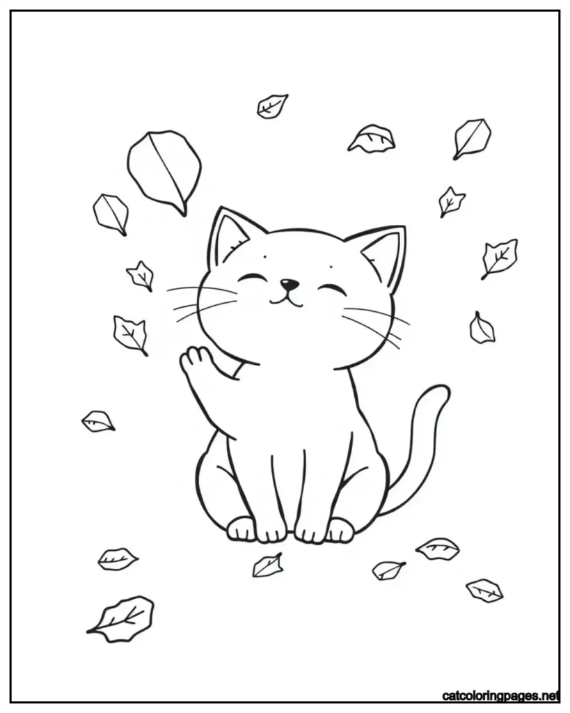 kawaii-cat-playing-with-leaves-coloring-page