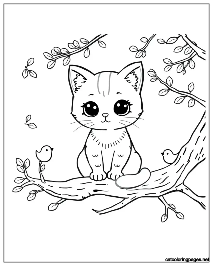 kawaii-cat-sitting-on-tree-bunch-coloring-page