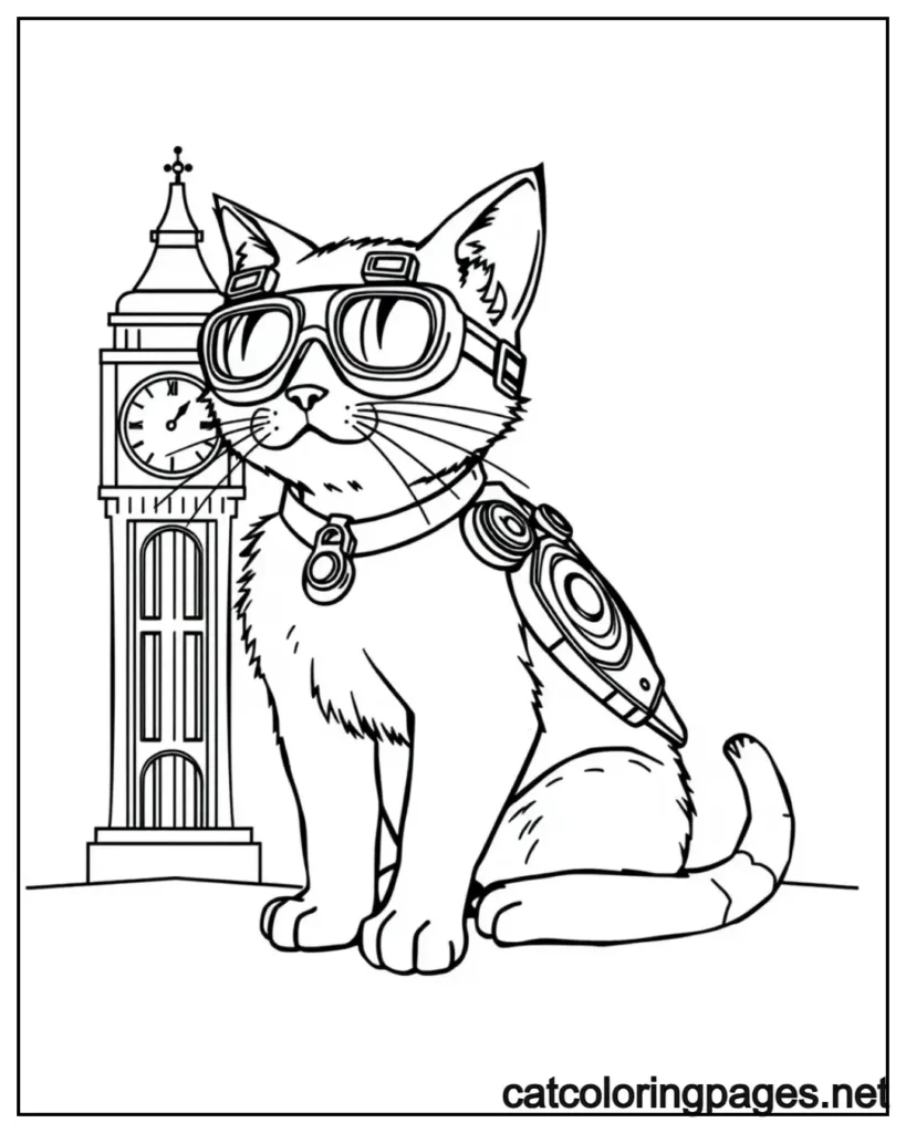 kitty-cat-coloring-page-sitting-outside-clock-tower