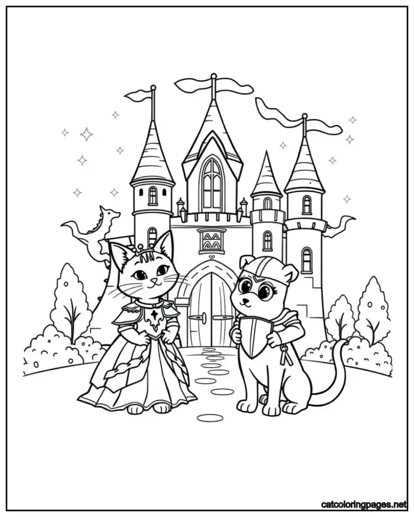 princess-cat-and-knight-dog-coloring-page