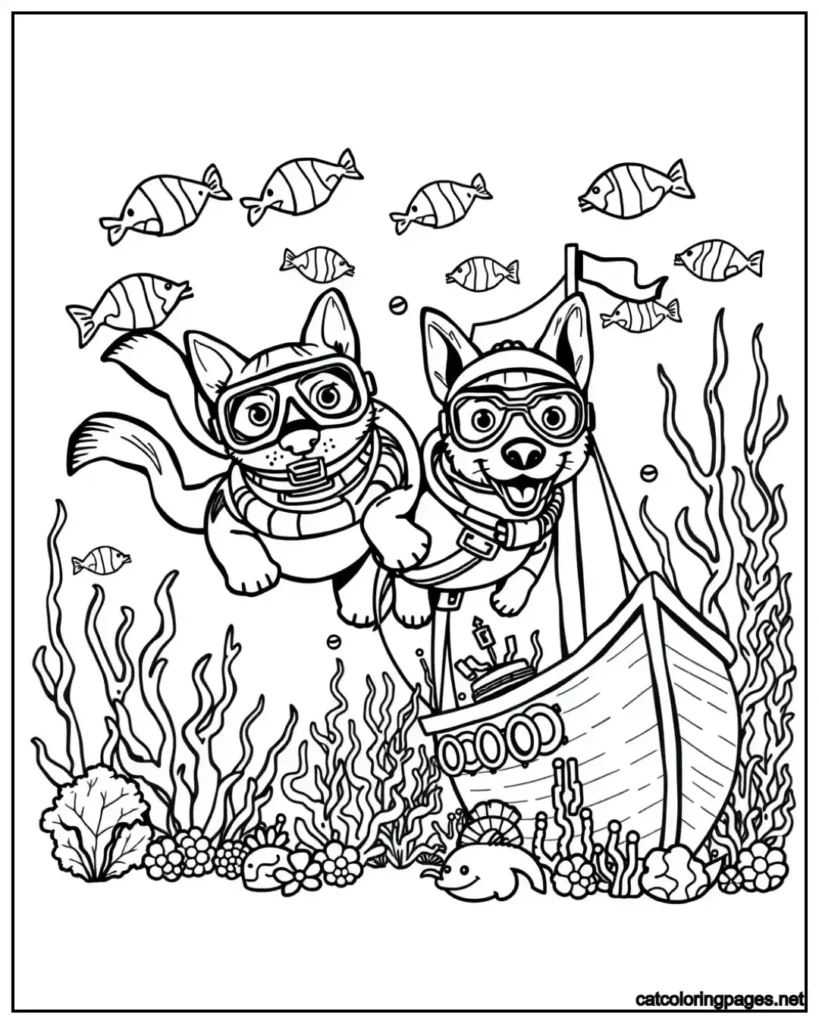 swimming-cat-and-dog-coloring-page