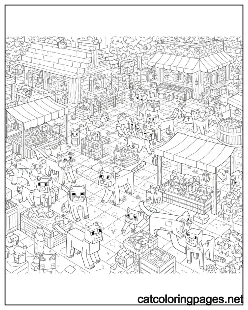 minecraft cat coloring pages highly detailed scene of multiple