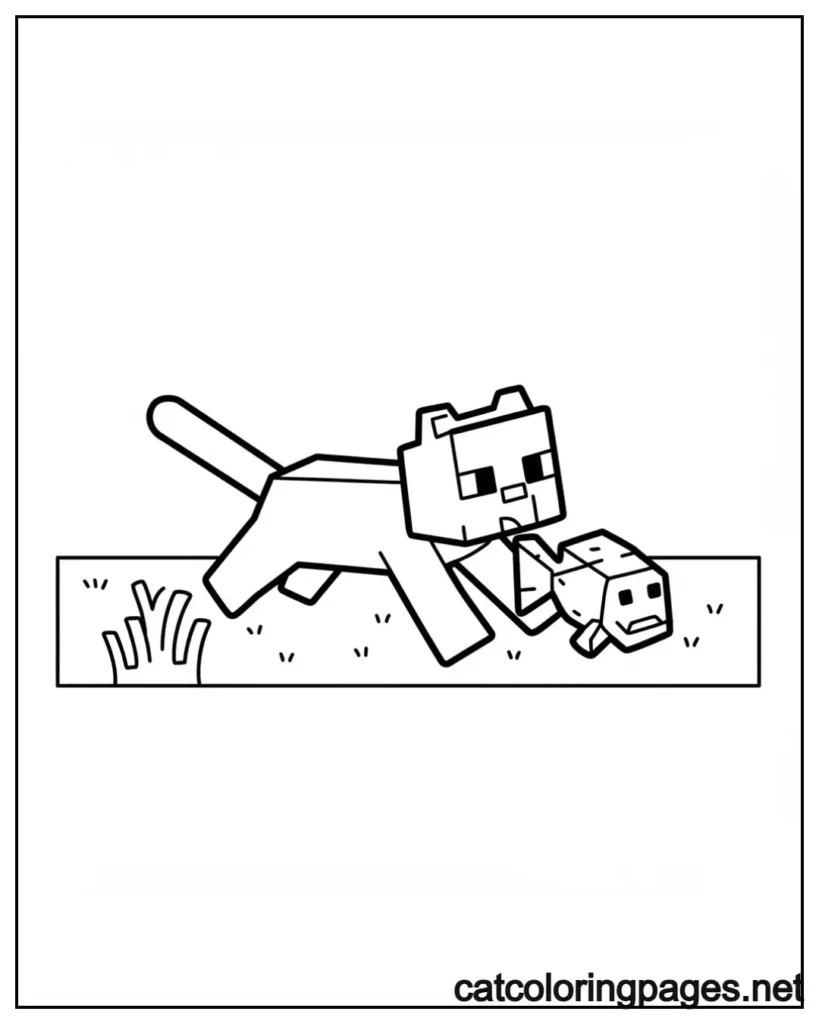 minecraft cat coloring pages playful minecraft cat chasing a fish