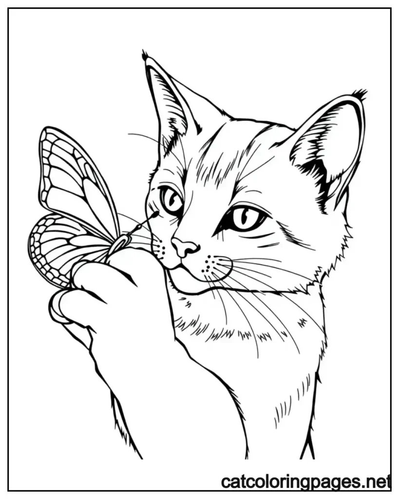 realistic-cat-coloring-pages-pawing-at-butterfly