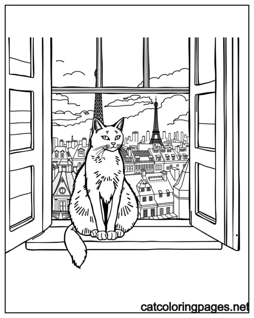 realistic-cat-coloring-pages-sitting-on-window-in-paris