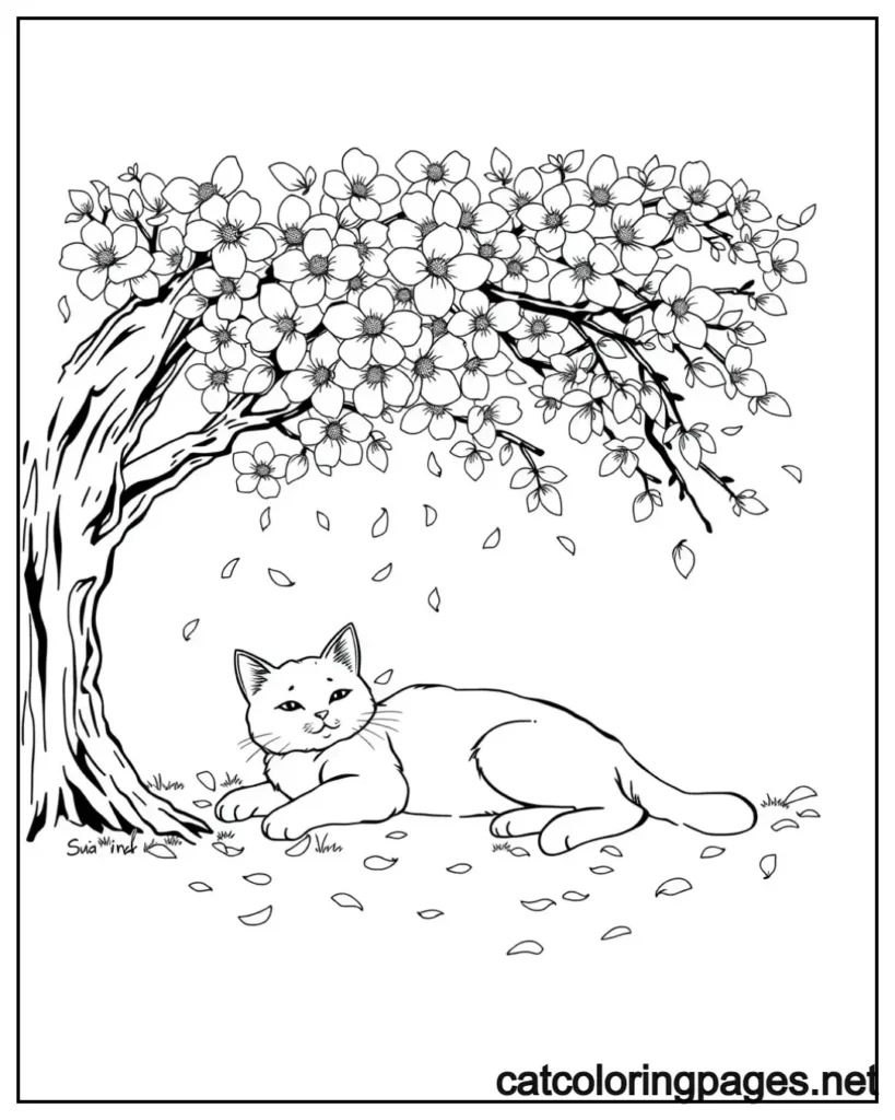 realistic-cat-coloring-pages-sitting-under-cherry-blossom-tree