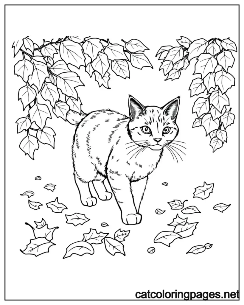 realistic-cat-coloring-pages-walking-through-autmn-leaves