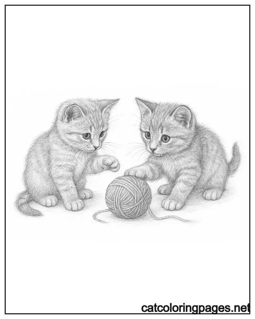 two realistic cats playing with yarn ball coloring page